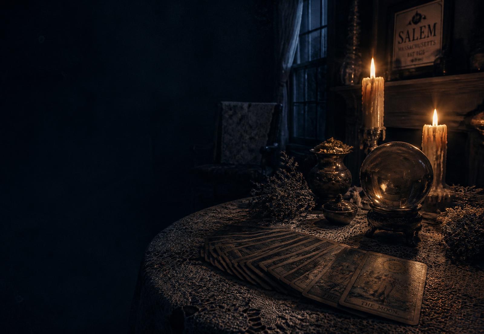 A candlelit Salem parlor table with tarot cards and a crystal ball